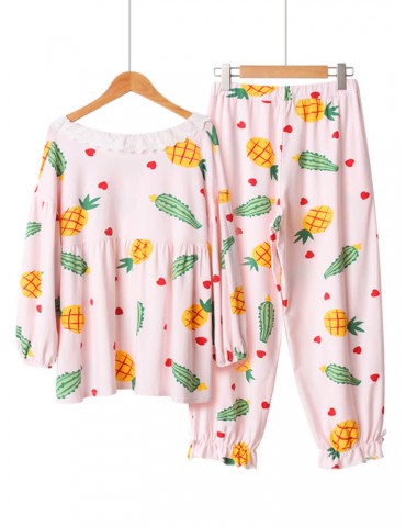 Cotton Sweet Pajamas Sets For Women Fruits Heart Print Lace Patchwork Casual Sleepwear
