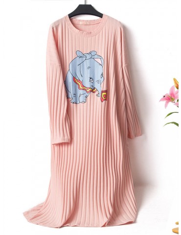 One Piece Cute Pajamas Elephant Cartoon Print Long Striped Sleepwear