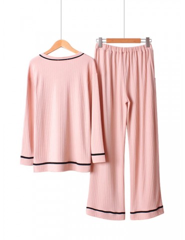 Cotton Pajamas Long Sets For Women Striped V-Neck Home Sleepwear