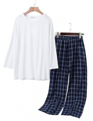Home Pajamas Plaid Cotton Loose Sleepwear Suits