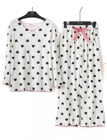 Plus Size Cotton Home Pajamas Hearts Print Striped Bowknot Sleepwear