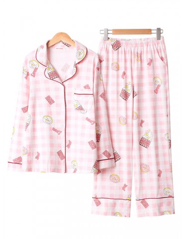 Cotton Women Cute Pajamas Cartoon Print Plaid Sleepwear Autumn Long Sets