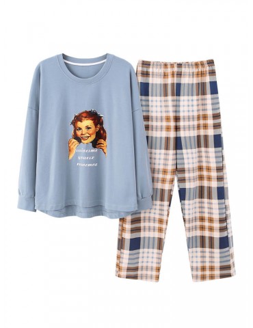Cotton Women Pajamas Character Print Plaid Loose Sleepwear