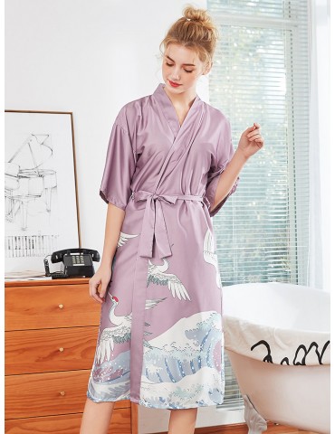 Home Pajamas Bird Print Middle Sleeves Mid-Calf Silk Robe Sleepwear