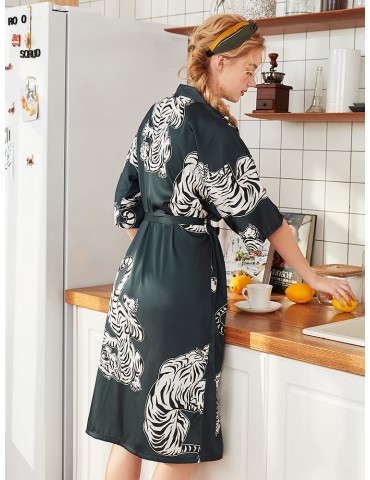 Plus Size Home Pajamas Tiger Animal print Middle Sleeves Silk Robe Sleepwear