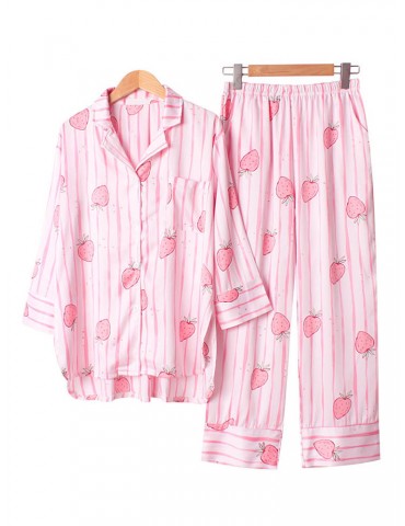 Casual Pajamas For Women Striped Strawberry Print Long Sets Sleepwear