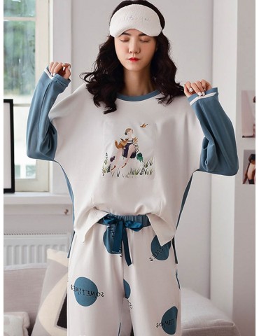Women Cotton Pajamas Character Print Patchwork Sleepwear Suits