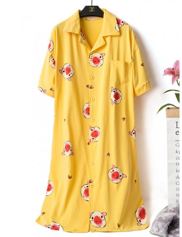 Plus Size Home Pajamas Pig Print Button T-Shirt Nightgrowns Short Sleeves Cotton Sleepwear