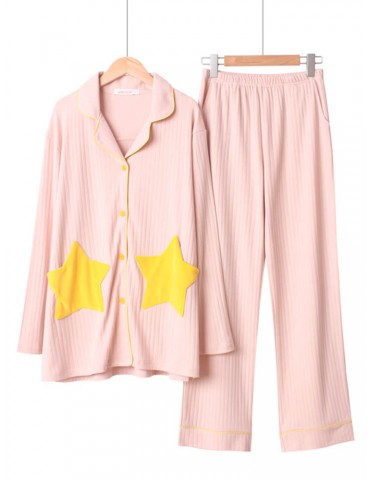 Cotton Stars Women Pajamas Striped Long Sets Home Sleepwear