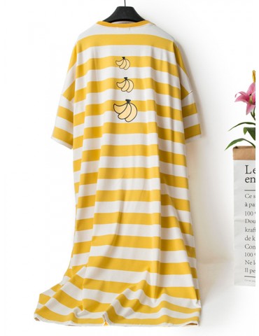 Plus Size Casual Pajamas Cotton Breathable Striped Print Long Loose Sleepwear