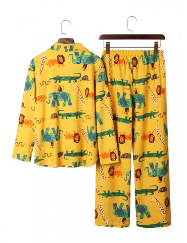 Cotton Women Pajamas Long Sets Animal Cartoon Print Casual Sleepwear