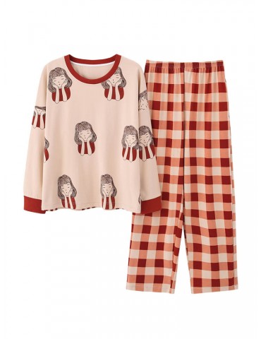 Women Cotton Pajamas Girls Print Plaid Home Sleepwear Suits