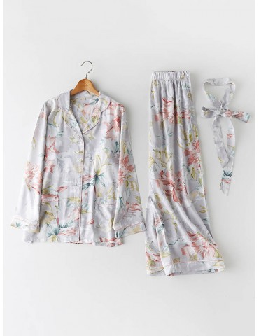 Autumn Women Pajamas Long Sleeves Floral Cotton Sleepwear Sets