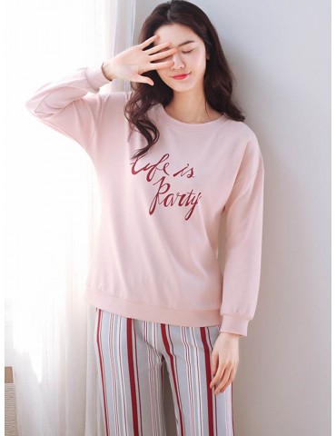 Women Pajamas Cotton Stiped Letter Print Casual Sleepwear Suits