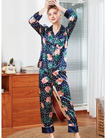 Comfort Pajamas Suits Pineapple Print Silk Long Home Sleepwear