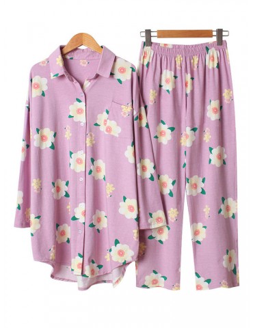 Cotton Pajamas Sets For Women Floral Long Casual Sleepwear
