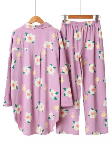 Cotton Pajamas Sets For Women Floral Long Casual Sleepwear