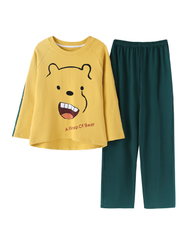 Bear Cartoon Print Cute Pajamas For Women Cotton Long Sleepwear Suits
