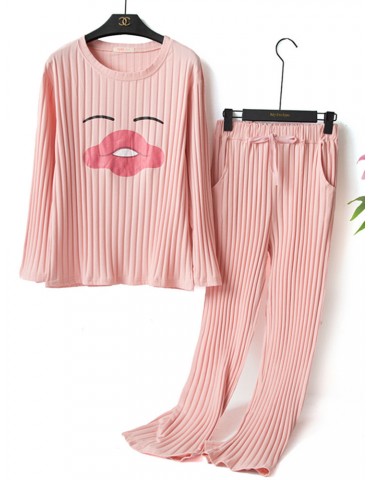 Plus Size Pajamas Cotton Expression Print Striped Long Home Sleepwear Suits