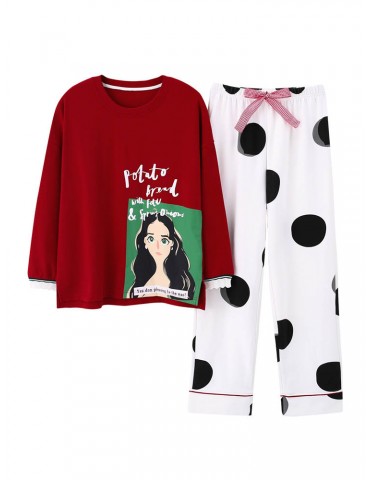 Women Cotton Pajamas Polka Dot Character Print Casual Sleepwear