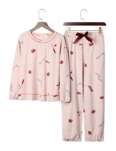 Cotton Women Cute Pajamas Sets Lips Printed Elastic Sleeves Home Sleepwear