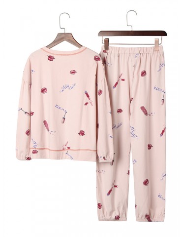 Cotton Women Cute Pajamas Sets Lips Printed Elastic Sleeves Home Sleepwear