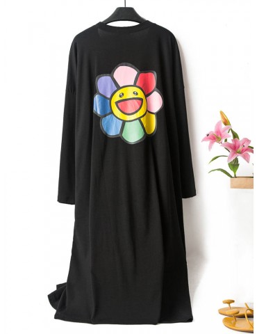 One Piece Cotton Pajamas For Women Long Sunflowers Print Casual Sleepwear