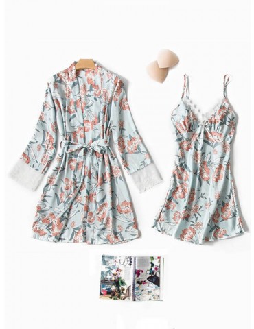 Floral Sexy Silk Pajamas For Women Soft Four Pieces Belt Sleepwear