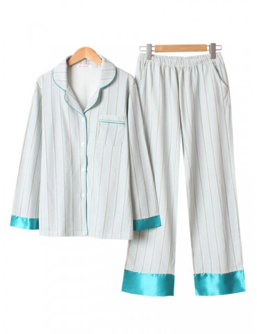 Cotton Autumn Pajamas For Women Striped Silk Patchwork Long Sets Casual Sleepwear