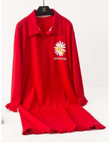 Plus Size Long Sleeves Pajamas Cotton Flounce Sunflowers Print T-Shirt Nightdress