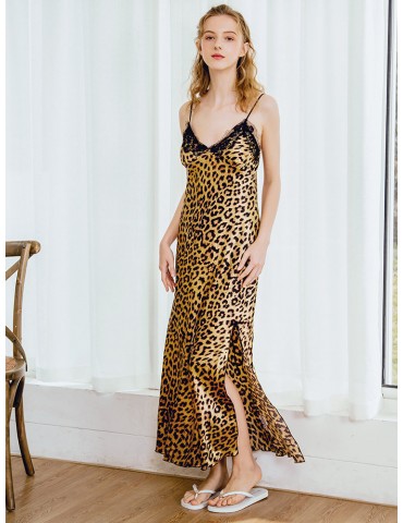 Leopard Silk Pajamas Sling Lace Patchwork Sleeveless Nightdress
