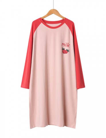 Plus Size Pajamas For Women Strawberry Print Cotton Long Sleeves T-Shirt Nightdress