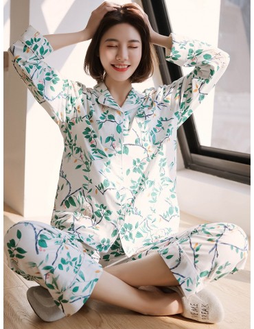 Cotton Pajamas Long Sets Trees Print Woodpecker Casual Sleepwear