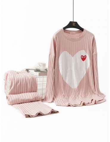 Plus Size Cotton Pajamas Long Sets Big Hearts Print Striped Home Sleepwear