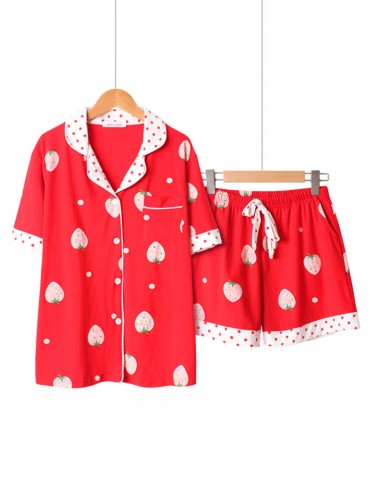 Cotton Cute Women Pajamas Polka Dot Strawberry Print Sleepwear Short Sets