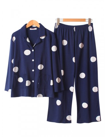 Plus Size Cotton Pajamas Long Sets For Women Polka Dot Loose Casual Sleepwear