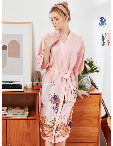 Plus Size Home Pajamas Animal Print Silk Mid-Calf Belt Loose Robe Sleepwear