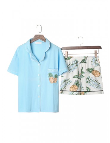 Cotton Casual Pajamas Short Sets Pineapple Print Soft Sleepwear