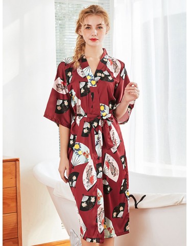 Plus Size Casual Pajamas Fan Print Silk Short Sleeves Mid-Calf Robe Sleepwear