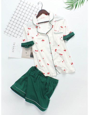 Women Cotton Pajamas Short Sets Cherry Print Cute Sleepwear