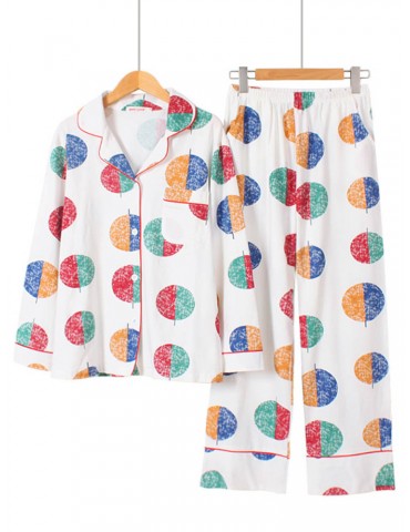 Cotton Women Pajamas Polka Dot Patchwork Long Sets Casual Sleepwear
