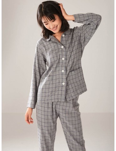 Cotton Pajamas Suits For Women Plaid Button Loose Long Sleepwear