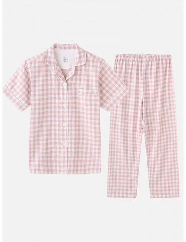 Linen Women Pajamas Sets Cotton Plaid Pink Casual Short Sleeves Sleepwear