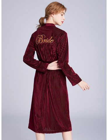 Velvet Bride Robe Pajamas Striped Embroidery Long Casual Belt Sleepwear