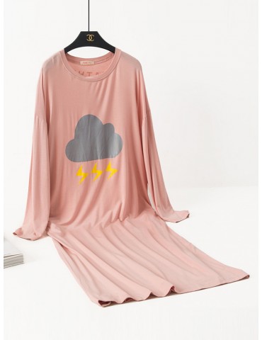 Plus Size Long Pajamas Modal Weather Cartoon Print Striped Sleepwear Nightdress