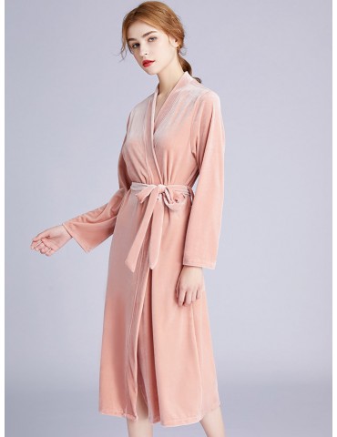 Velvet Long Robe Pajamas Belt V-Neck Soft Sleepwear For Bridesmaid