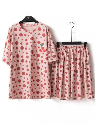 Plus Size Comfort Pajamas Polka Dot Fruits Print Cotton Sleepwear Suits