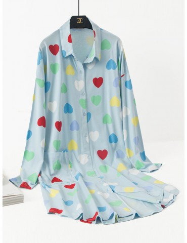 Plus Size Cotton Pajamas Long Sleeves Hearts Print T-Shirt Loose Nightdress