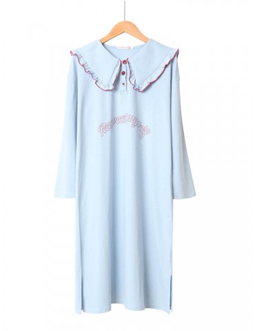 Cotton Long One Piece Pajamas Print Flounce Neck Cute Sweet Casual Loose Blue Sleepwear