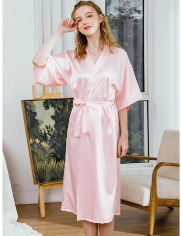Plus Size Silk Pink Robe For Women Belt Half Sleeves Solid Color Pajamas